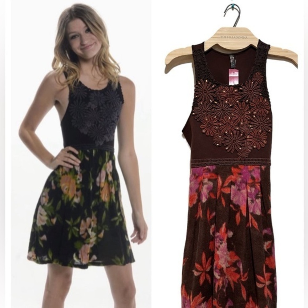 FREE PEOPLE BOHO SLEEVELESS CROCHET WOOL FLORAL ROUND NECK DRESS SIZE M